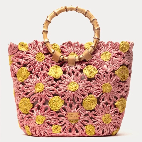 NWT Frances Valentine Flora Tote with Bamboo Handle and Pink & Yellow Flowers